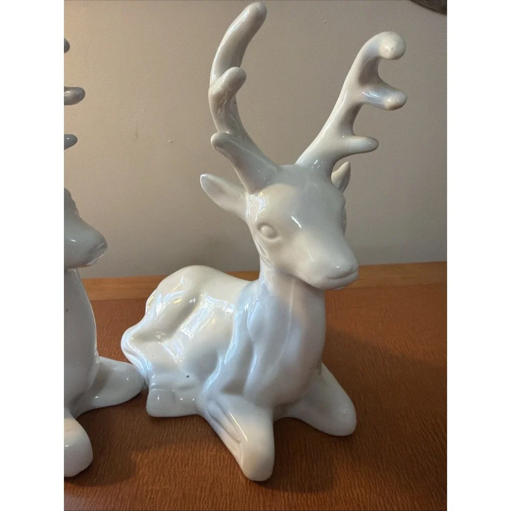 Vintage Pair Of White Porcelain Christmas Deer Buck Laying Figurine 8.5
